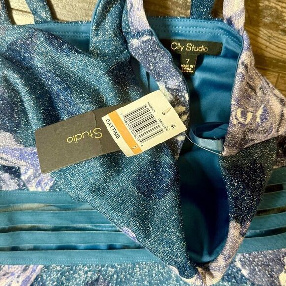 City Studio Girls Teal Glitter Printed Sleeveless Halter Fit + Flare Dress Sz 7 - Picture 6 of 6